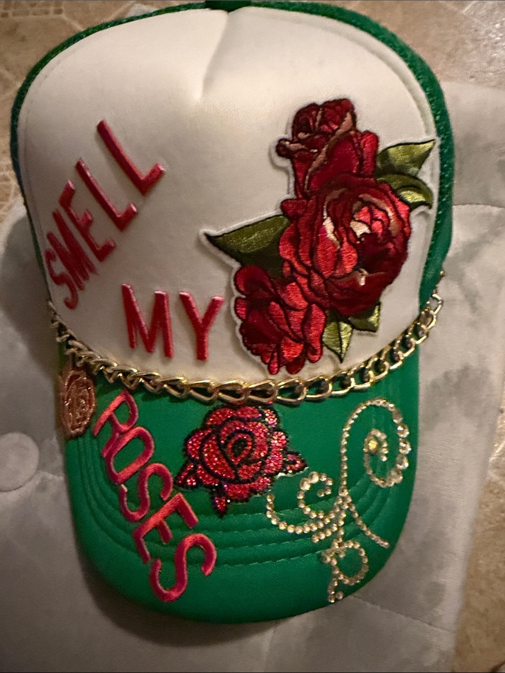 Smell My Roses Embroidered Trucker Hat - Green & White